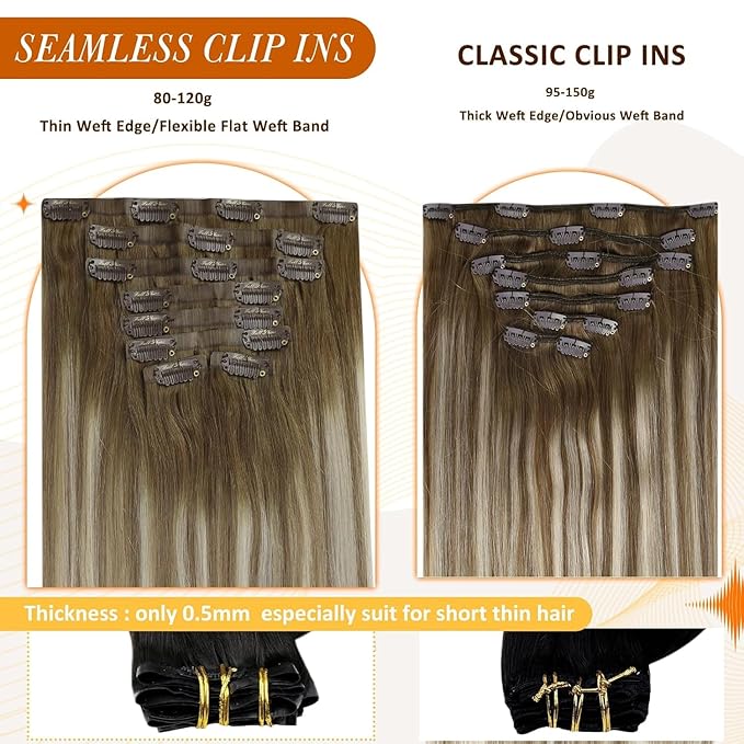 Full Shine Human Hair Clip in Extensions Balayage Straight Clip in Hair Extensions Chestnut Brown Ombre Brown Mix Platinum Blonde Real Human Hair 16 Inch 8 PCS 120 G