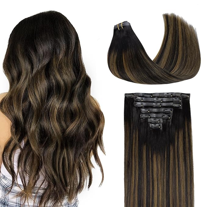 GOO GOO Clip in Hair Extensions Real Human Hair, Remy Human Hair Extensions Clip ins for Women, Natural Human Hair, 22inch 110g 7Pcs, 1B/6/1B Balayage Natural Black to Chestnut Brown