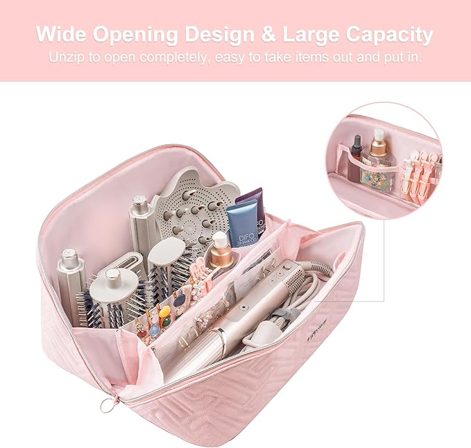 Leudes Hair Tools Travel Bag For Dy son Airwrap Hair Dryer Shark Flex Style Carrying Case Travel Makeup Bag Portable Pouch Open Flat Packing Organizers with Divider and Handle (Pink)