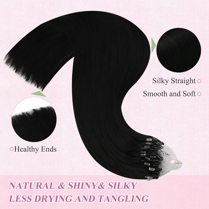 YoungSee Micro Bead Hair Extensions Real Human Hair Black Microlink Hair Extensions Human Hair Jet Black Beaded Hair Extension 24 Inch Micro Hair Extension Remy Hair Natural for Long Hair 50s 50g