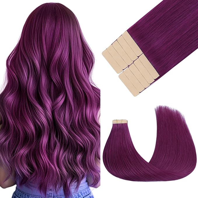 GOO GOO Tape in Hair Extensions Human Hair, Violet, 12inch 20g 10pcs, Colored Tape ins Human Hair Extensions, Silky&Soft Invisible Tape Ins, Hair Highlighted for Party