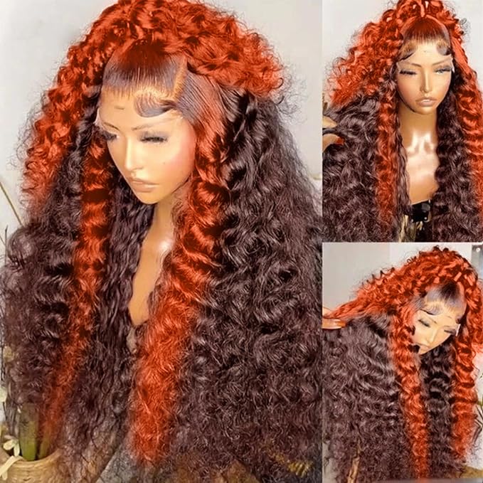 250 density Ginger Deep Wave Lace Front Wigs Human Hair Pre Plucked Hairline Glueless Wigs for Women 13x6 HD Lace Front Wigs Ginger Orange Curly Human Hair Wig Brazilian Hair 26 Inch