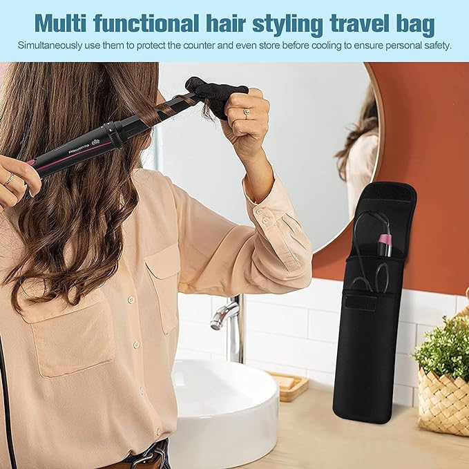 Women's Heat Resistant Neoprene Curling Iron Holder Flat Iron Curling Wand Travel Storage Cover Case Bag Pouch -Water-Resistant (Black)