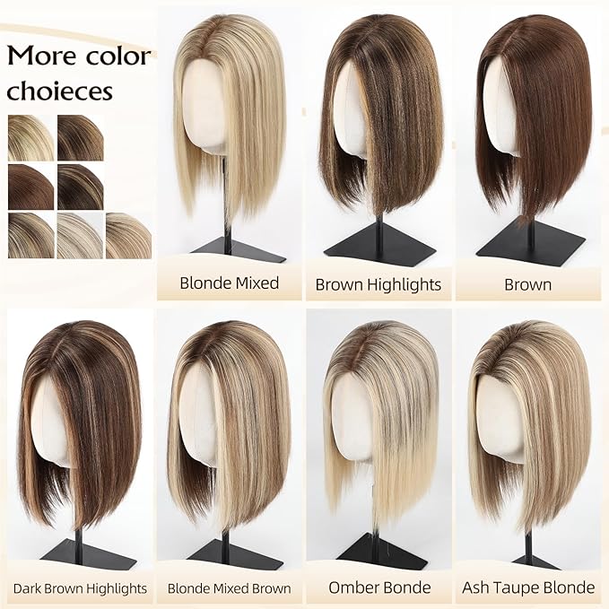 MONO TOP Hair Toppers for Women Human Hair 12 Inch 7"×8" Big Base Partial wig Cover Thinning Hair or Loss No Bangs Top Hair Pieces Natural Wiglets (Blonde Mixed)