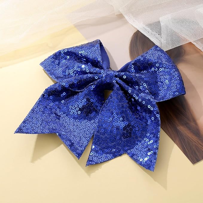 Large Glitter Cheer Bows Clips, Jumbo Big 7 Inch Cheerleading Sequin Hair Bow Hair Accessories for Teens Girls Football Sports Cheerleader Outfit Uniform (Royal Blue)