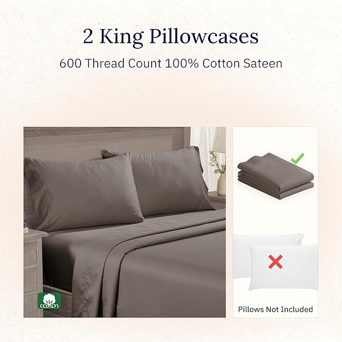 California Design Den Luxuriously Soft Premium 600 Thread Count, 100% Cotton King Size Pillowcases Set of 2, Crisp Fits King Size Pillows (Mushroom - Taupe Brown)