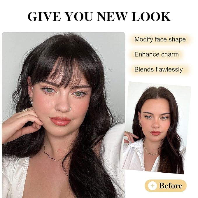 BOGSEA Clip in Bangs Real Human Hair Bangs Hair Clip with Temples Hairpieces for Women Natural Looking Fringe Hair Extension for Daily Wear(Wispy Bangs, (Brown Black))