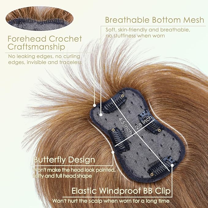 Hair Toppers for Women Clip in Bangs Real Human Hair,30g Light Brown Topper for Women 150% Density Silk Base Clip in Pieces Straight Hair for Thin Hair