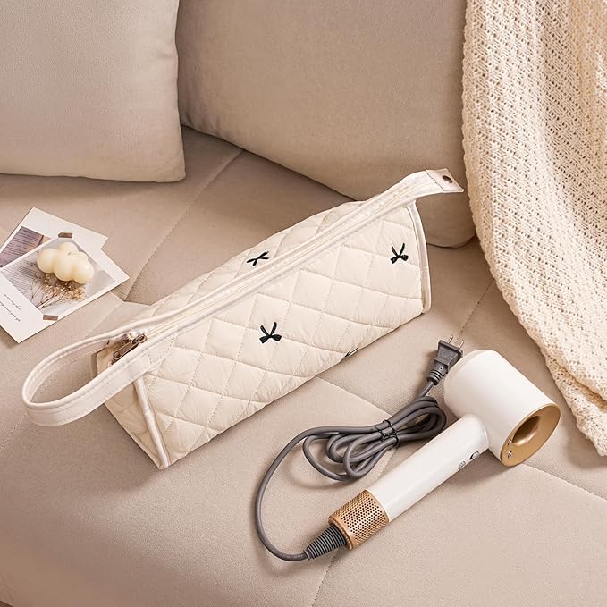 Large Quilted Hair Tools Travel Bag,Aesthetic Waterproof Hair Styling Accessories Storage Case for Flat Irons,Straightener,Curling Iron,Hair Dryer,Dyson Airwrap Travle Bag（05White Bow）