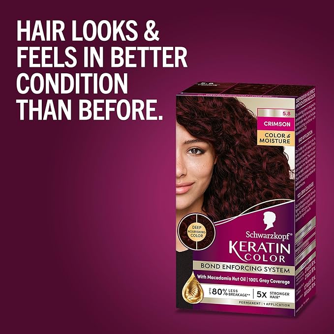 Schwarzkopf Keratin Color Permanent Hair Dye Cream, 5.8 Crimson, 1 Application - Professionally Inspired Hair Color Enriched with Keratin and Macadamia Nut Oil - Hair Dye with Pre-Serum,all Hair Types