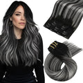 Moresoo Clip in Hair Extensions Real Human Hair Double Weft Human Hair Clip in Extensions Straight Ombre Balayage Black Mixed with Silver Grey 5pcs 80g 18inch
