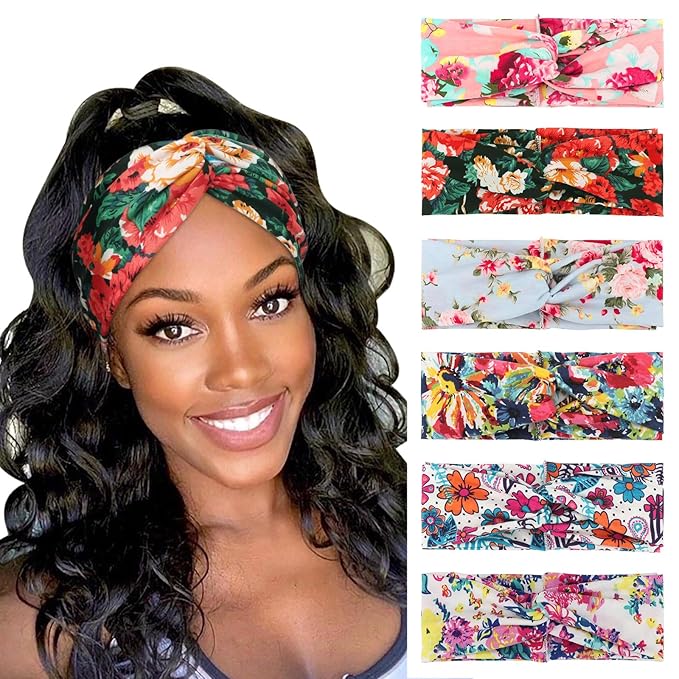 DRESHOW 6 Pack Boho Non-Slip Headbands for Women Girls Yoga Workout Running Knotted Turban Floral Printed Elastic Head Wrap