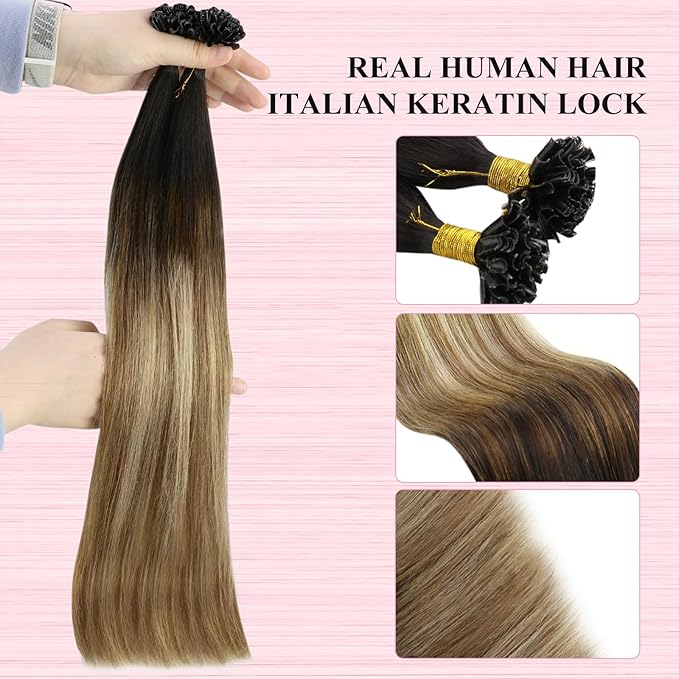 YoungSee U Tip Hair Extensions Brown Balayage Utip Hair Extensions Human Hair Brown Ombre Blonde Utip Human Hair Extension 16In U-Tips Hair Extension Soft Keratin Human Hair 50s/50g for Adding Volume