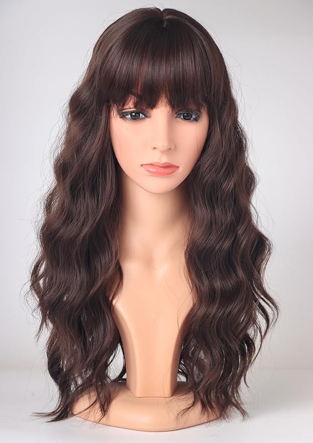 Medium Long Brown Wavy Wigs For Women Synthetic Full Hair Wigs With Bangs For Daily Use (brown)