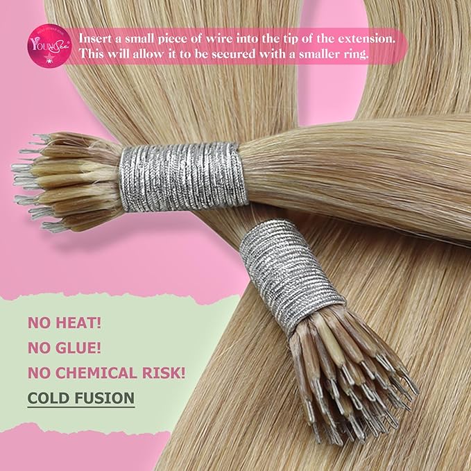 YoungSee Nano Hair Extensions Real Human Hair Blonde Highlight Nano Ring Remy Hair Extension Ash Brown Highlights Golden Blonde Pre Bonded Nano Extensions Silky Straight 16 inch 50g 50s