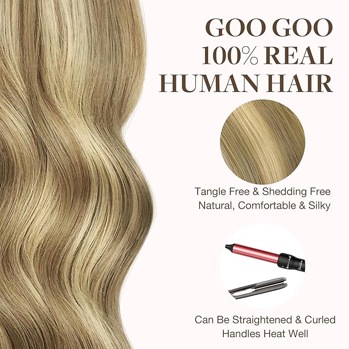 GOO GOO Tape in Hair Extensions Human Hair, 16/22 Light Blonde Highlighted Golden Blonde, 14inch 50g 20pcs, Skin Weft Seamless Invisible, Silky Straight with Thick Ends, Remy Human Hair