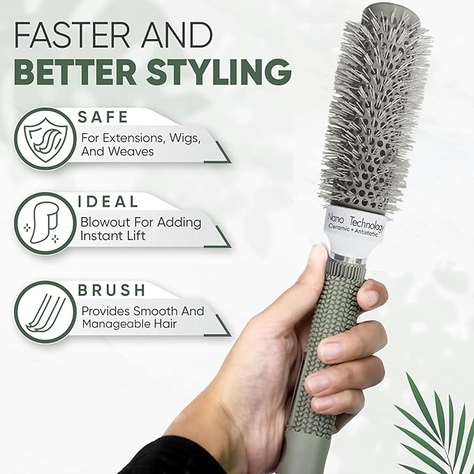 Round Brush, 32 mm/1.3 Inch Barrel with 2 Clips – Round Hair Brush with Flexible Nylon 66 Bristles Nano Ionic Heat Resistant Tech for Professional Curling, Styling & Shining Texture
