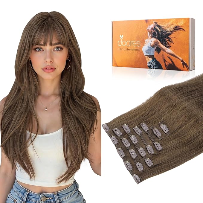 DOORES Clip in Hair Extensions, Light Ash Brown 22 Inch 7pcs 120g, Human Hair Extensions Real Hair Extensions Remy Natural Human Hair Extensions Silky Straight Thick Hair