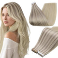 Full Shine Tape in Hair Extensions Real Human Hair Balayage Color 18 Ash Blonde Ombre 22 And 60 Blonde Seamless Tape ins Human Hair Extensions Invisible 16Inch Remy Human Hair 50G for Women 20Pcs