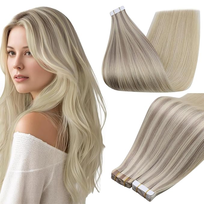 Full Shine Tape in Hair Extensions Real Human Hair 14Inch Balayage Color 18 Ash Blonde Fading to 22 and 60 Blonde Remy Tape in Extensions Seamless Tape Hair Ombre Skin Weft Hair Extensions 50G 20Pcs