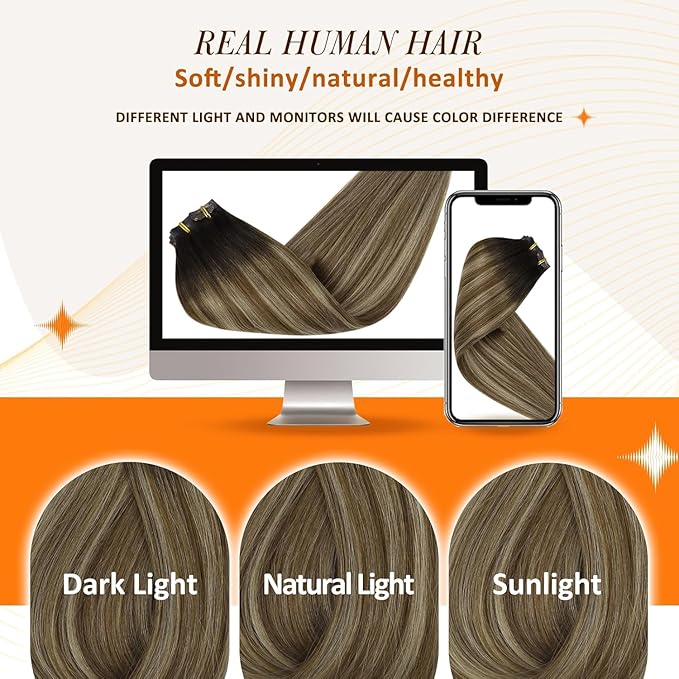 Full Shine Brown Clip in Hair Extensions Balayage Seamless Hair Extensions Clip in Dark Brown Ombre Medium Brown Mix Caramel Blonde Clip ins Remy Hair 18 Inch 120G 8 PCS