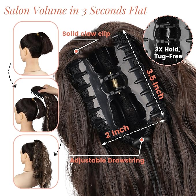 Ponytail Extension, 18 Inch Claw Clip Ponytail Extensions Wavy Ponytail Hair Extension for Women Fluffy Natural Synthetic Jaw Clip on Pony Tails Hairpiece for Daily Use (Dark Brown)