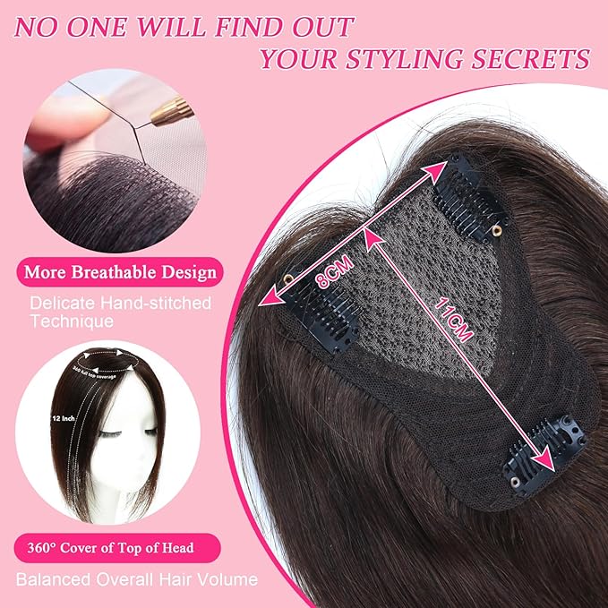 Hair Toppers for Women Real Human Hair Topper Upgrade Swiss Lace Middle Part Clip in Bangs Remy Human Hair Straight Hairpieces for Thinning Realistic Scalp 360° Cover Gray Hairy Roots Medium Brown