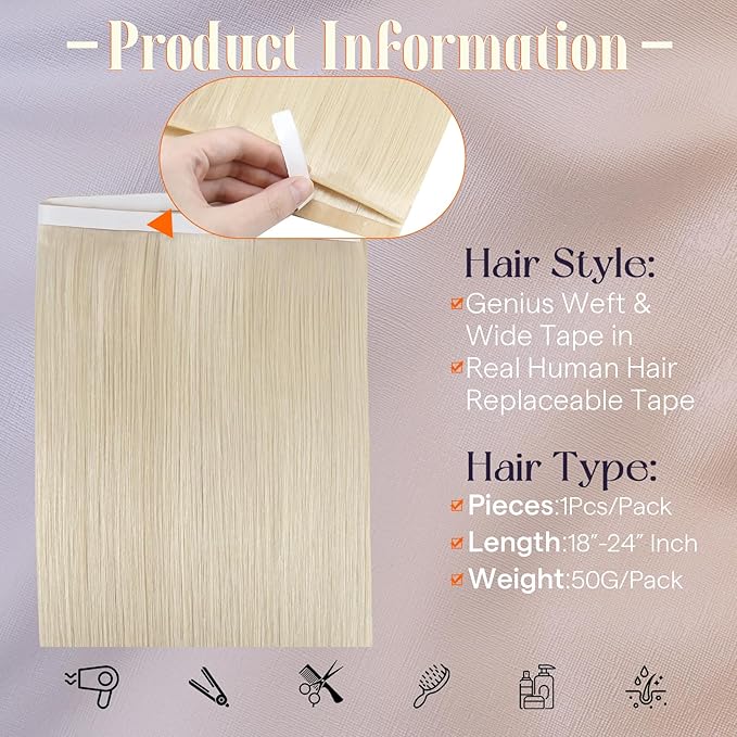 Full Shine Tape in Hair Extensions Real Human Hair for Women Color 60 Blonde PU Wide Tape in Extensions Long Genius Weft 22Inch 50G One Piece Remy Straight Hair Add Length for Daily Office Look