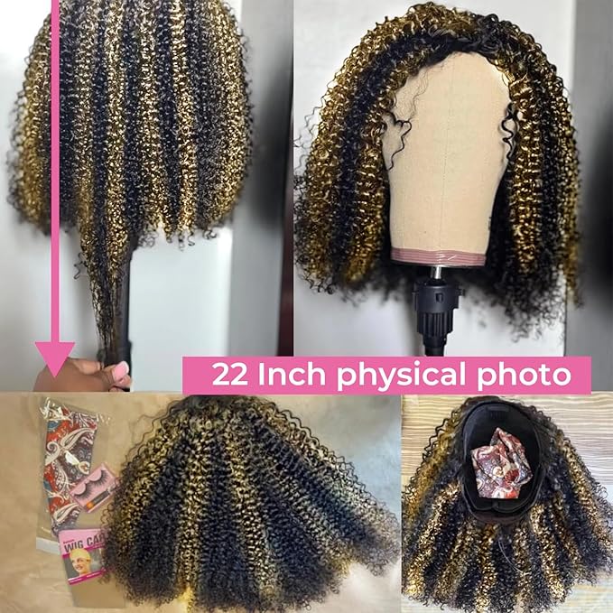 250% Density Curly Half Wig Human Hair Ombre Kinky Curly Wear Go Glueless Wigs Human Hair Balayage Highlight 3 In 1 Half Wig With Adjustable String Flip Over Beginner Friendly Invisible Hairline