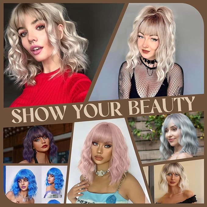 MISSQUEEN Short Ombre Platinum Blonde Wig with Bangs12 Inches Short Wavy Curly Wigs for Women Natural Looking Synthetic Heat Resistant Fiber Wig for Daily Cosplay Halloween Party Use