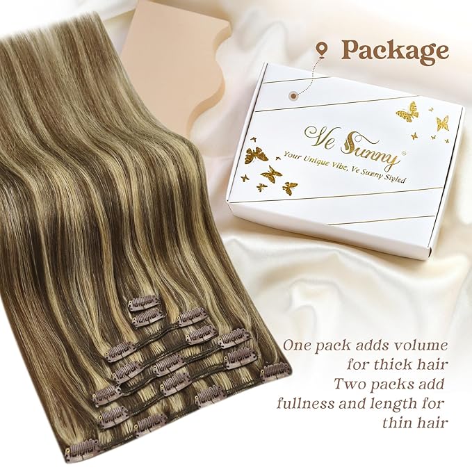 Ve Sunny Clip in Human Hair Extensions Highlights Brown Clip in Hair Extensions Real Human Hair Highlights Dark Brown with Caramel Blonde Natural Look Hair Extensions for Women 120g 18inch 7pcs