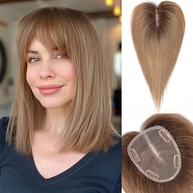 starluck Hair Toppers for Women Real Human Hair With Bangs, 100% Remy HumanHair Toppers for Women Hand-woven with Thinning,Cover Gray Roots,Adds Volume,Ombre Ash Blonde