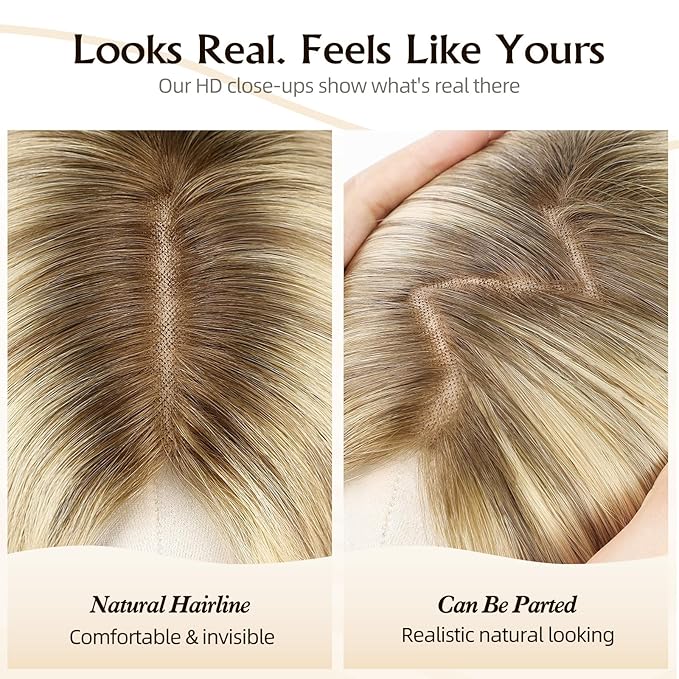 MONO TOP Hair Toppers for Women Human Hair 12 Inch 7"×8" Big Base Partial wig Cover Thinning Hair or Loss No Bangs Top Hair Pieces Natural Wiglets (Blonde Mixed)