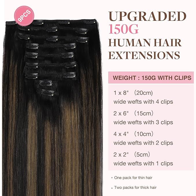GOO GOO Clip in Hair Extensions Real Human Hair, Remy Human Hair Extensions Clip ins for Women, Natural Human Hair, 20inch 150g 9Pcs, 1B/6/1B Balayage Natural Black to Chestnut Brown