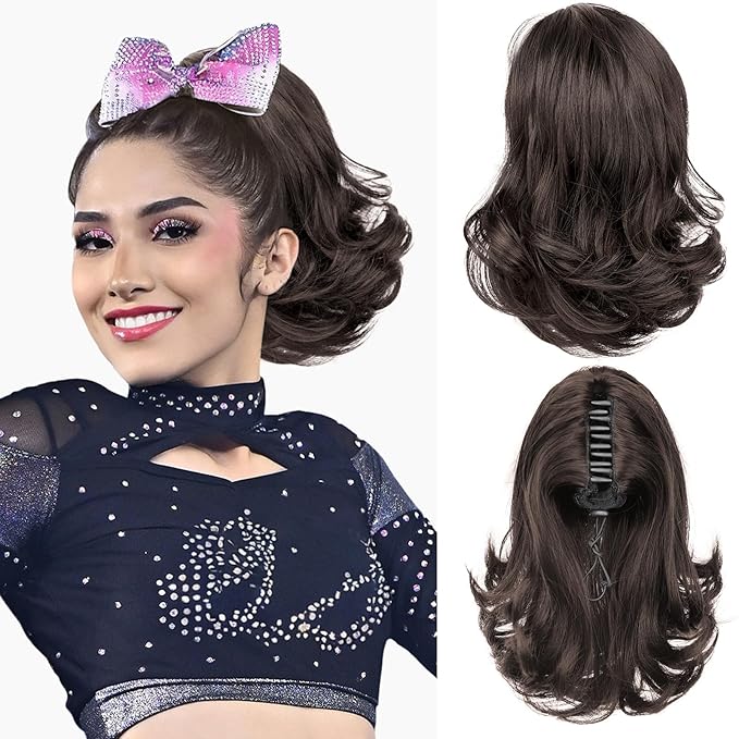 KooKaStyle Ponytail Extension, 10" Short Claw Clip in Pony Tails Hair Extensions Curly Wavy Synthetic Drawstring Hairpieces for Women(Cedar Brown)