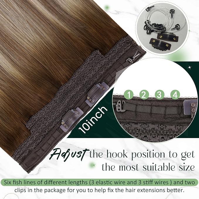 RUNATURE Invisible Wire Hair Extensions Real Human Hair Brown Balayage, 16 Inch 80g One Piece，Soft Natural Looking for Dating, Easy to Install #3/8/22 Walnut Brown to Light Brown with Blonde