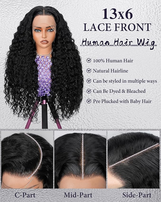 34Inch 13x6 Deep Wave Lace Front Wigs Human Hair 180% Density Curly Human Hair Wig Pre Plucked Wet and Wavy human hair wig for Women HD Lace Frontal Wigs with Baby Hair