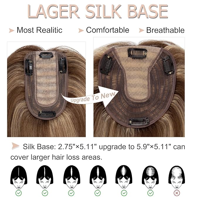Hair Toppers for Women Real Human Hair No Bangs, 13 * 15 cm Larger Silk Base 150% Density Clip In Topper Hairpieces, Wiglet Top Pieces Add Volume /10 Inch 4P27 Medium Brown&Dark Blonde