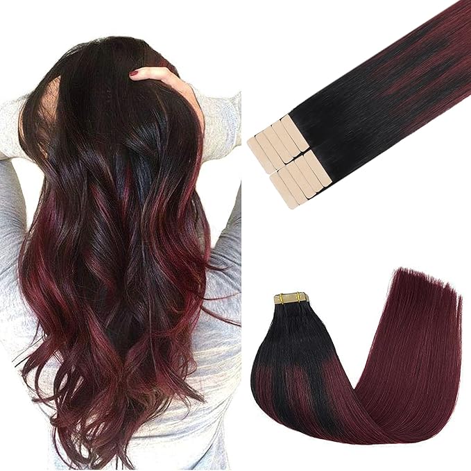 GOO GOO Tape in Hair Extensions Human Hair, 1/99 Balayage Jet Black to Red, 20inch 30g 10pcs, Skin Weft Seamless Invisible, Silky Straight with Thick Ends, Remy Human Hair