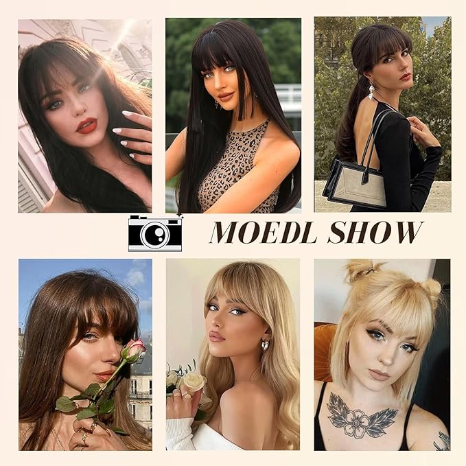 Clip In Bangs-Real Human Hair Brown Black Clip On Bangs Hair Extensions Fake Bangs Human Hair French Bangs Fringe With Temples Hairpieces Curved Bangs For Daily Wear
