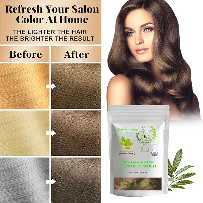 100% Organic Henna Hair Color – Natural, Chemical-Free Hair Dye for Rich, Vibrant Color & Gloss – Grey Coverage, Safe for All Hair Types, Vegan Non-Toxic, Herbal Hair Treatment (MEDIUM BROWN)