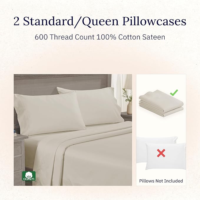 California Design Den Luxuriously Soft Premium 600 Thread Count, 100% Cotton Set of 2 Cases, Crisp Pillowcases Queen Size Set of 2 Fits Standard & Queen Pillows - Ivory (Warm Cream)