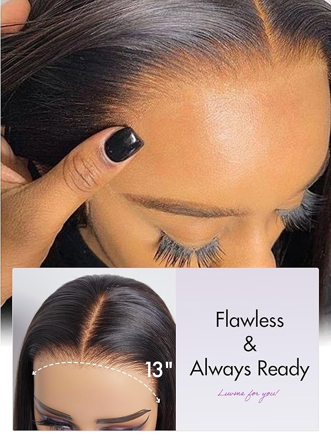 LUVME HAIR 26'' Straight Lace Front Wigs Human Hair 13x4 Pre Cut Lace Glueless Human Hair Wig Pre Plucked Long Straight Black Wig For Women 180 Density