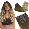 GOO GOO Clip in Hair Extensions Real Human Hair, Remy Human Hair Extensions Clip ins for Women, Natural Human Hair, 14inch 130g 9Pcs, 3/8/613 Balayage Walnut Brown to Ash Brown and Bleach Blonde