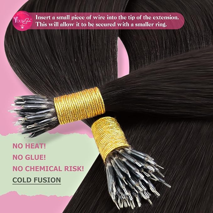 YoungSee Nano Ring Hair Extensions Dark Brown Nano Bead Hair Extensions Human Hair Darkest Brown Silky Nano-Linked Hair Extension Human Hair 18inch Nanos Hair Extension for Date 50s 50g