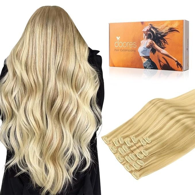DOORES Human Hair Clip in Extensions, DirtyBlonde Highlight Golden Blonde 22 Inch 110g 7pcs, Seamless Clip in Hair Extensions Real Human Hair Remy Straight Skin Weft Invisi Edge Hair Extensions