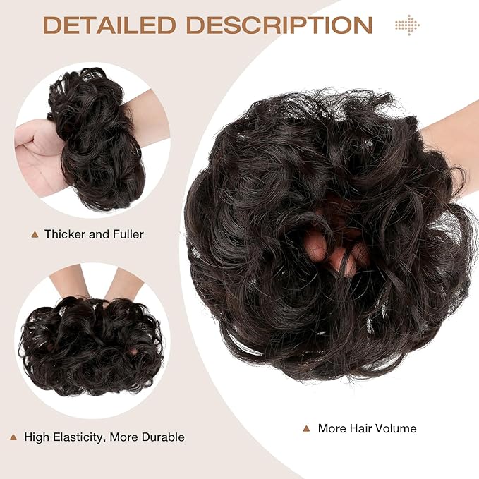 Messy Bun Hair Piece Wavy Curly Scrunchies Fluffy Donut Thick Updo Elegant Chignon Hairpieces for Women Girls, Dark Brown 1.4oz