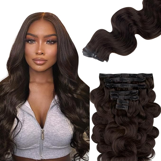 Lashey Seamless Clip in Hair Extensions Human Hair #2 Dark Brown Body Wave 7pcs 110g 22 Inch PU Weft Clip in Hair Extensions Real Human Hair for Women