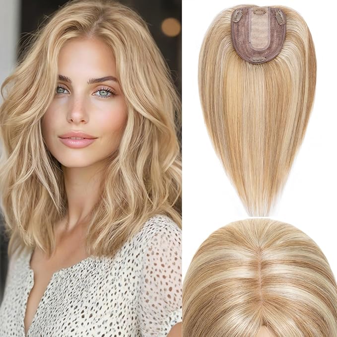 Rich Choices Hair Toppers for Women Real Human Hair 100% Human Remy Toppers NO Bangs with Thinning on Top Clip in Hairpiece 4"x4.7"Lace Base 6 Inch #12P613 Golden Brown Highlights Bleach Blonde