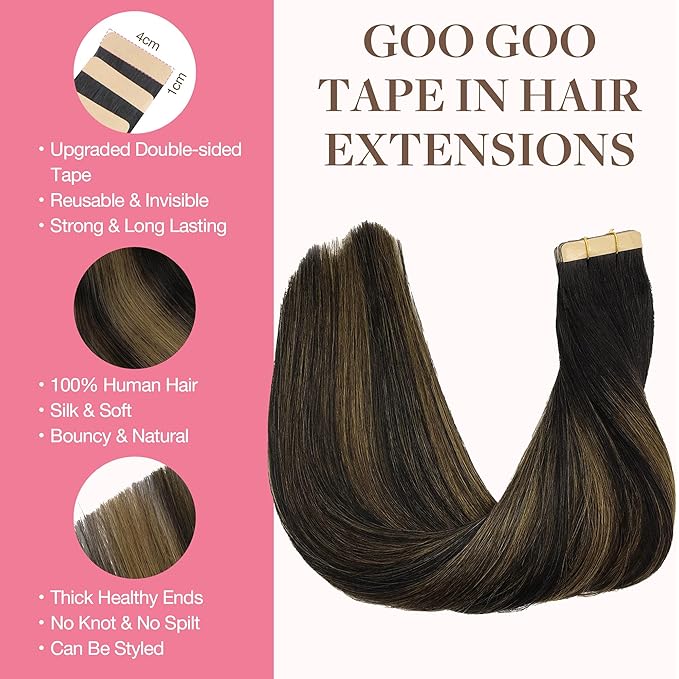 GOO GOO Tape in Hair Extensions Human Hair, 1B/6/1B Balayage Natural Black to Chestnut Brown, 14inch 50g 20pcs, Skin Weft Seamless Invisible, Silky Straight with Thick Ends, Remy Human Hair